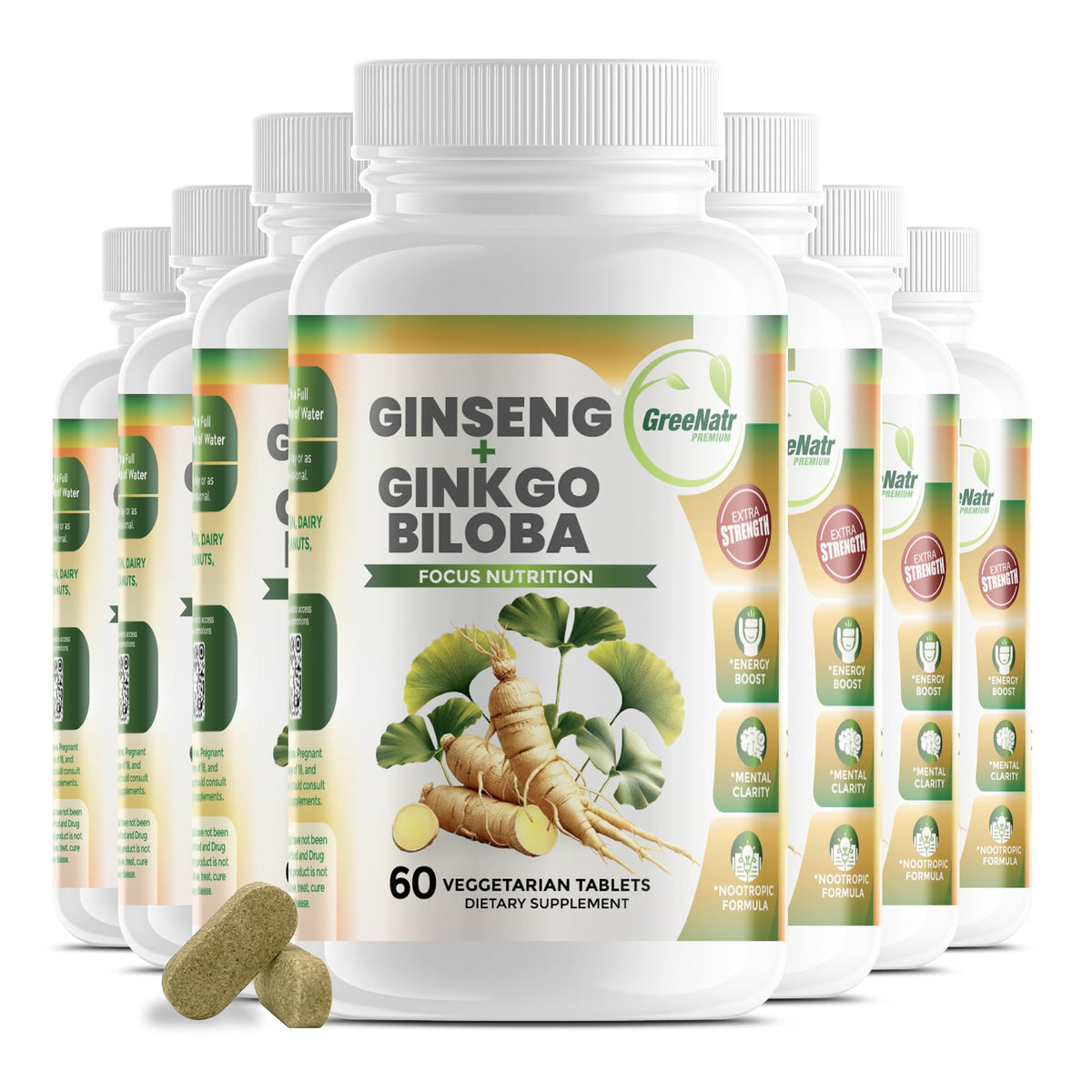Greennatr Ginko Biloba & Panax Ginseng bottle front for daily brain energy