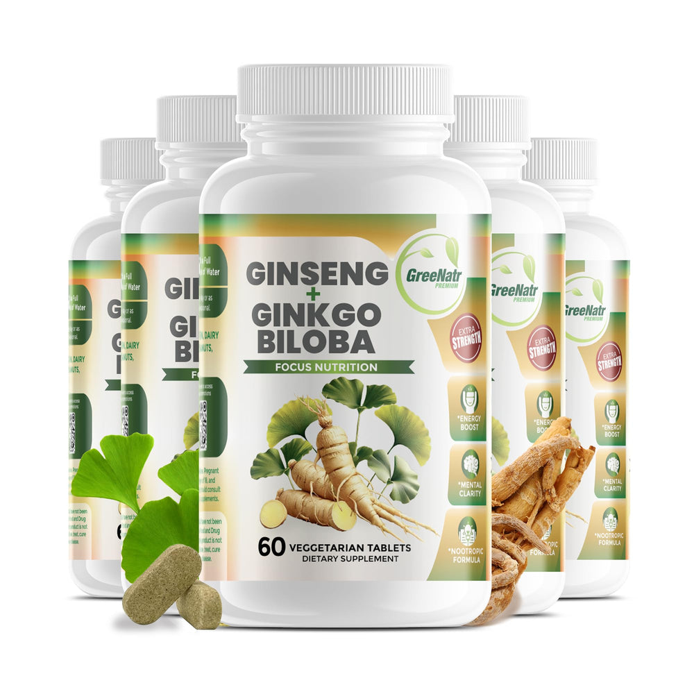 GreeNatr bottle front view highlights Ginkgo Biloba and Panax Ginseng for daily focus.
