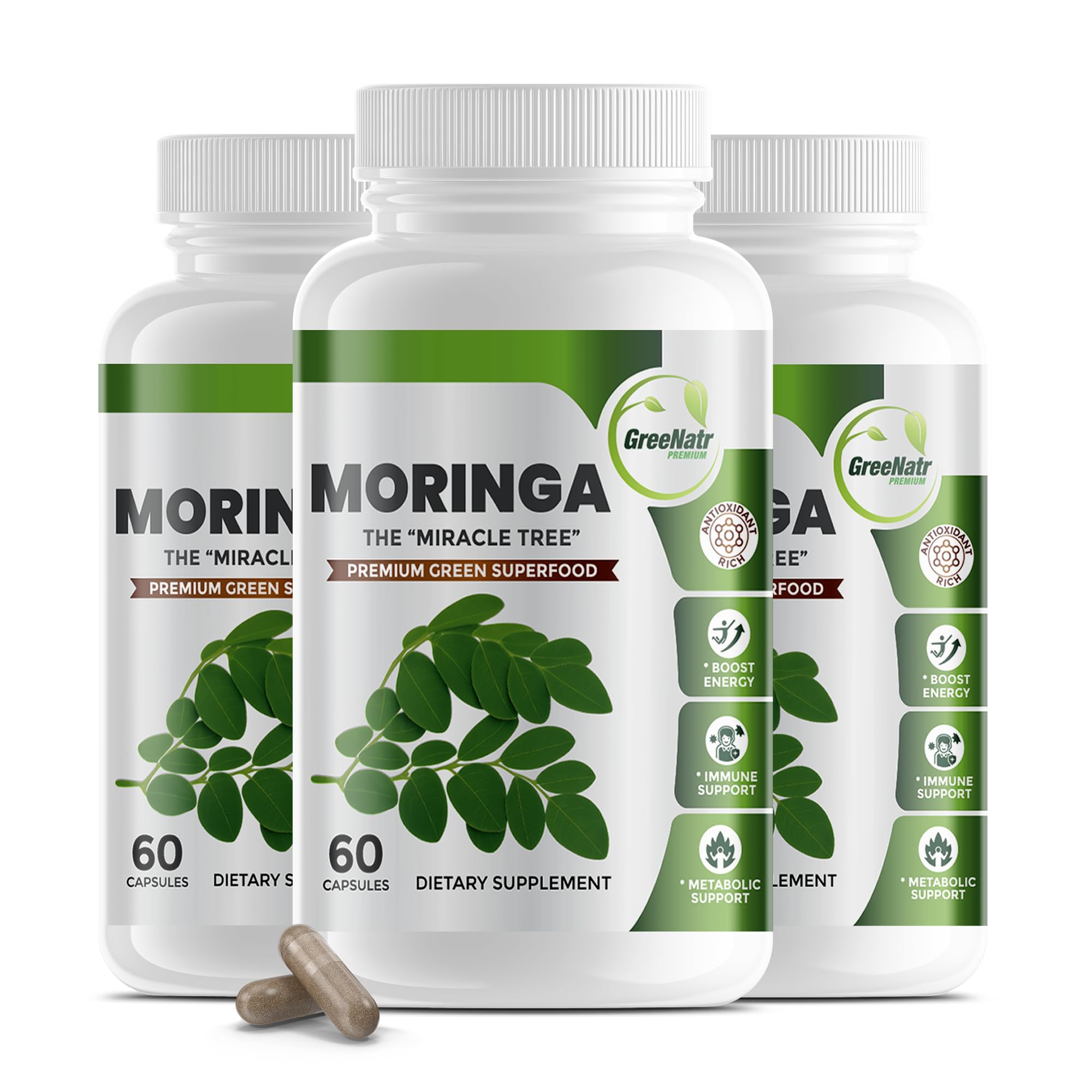 GreeNatr Pure Moringa bottle front view highlights energy and vitality support.