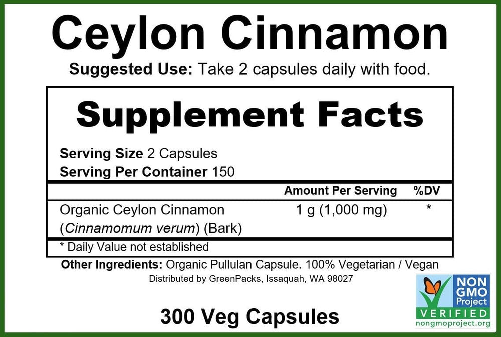 GreenPacks Organic Ceylon Cinnamon capsules label detail showing true cinnamon origin