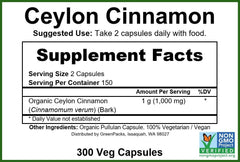 GreenPacks Organic Ceylon Cinnamon capsules label detail showing true cinnamon origin