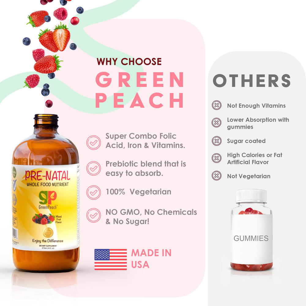 GreenPeach Prenatal Liquid ginger cranberry flavor natural taste without artificial sweeteners.