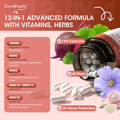 GREENPEOPLE 12-in-1 complex pills bottle showcasing diverse nutrients for overall vitality.