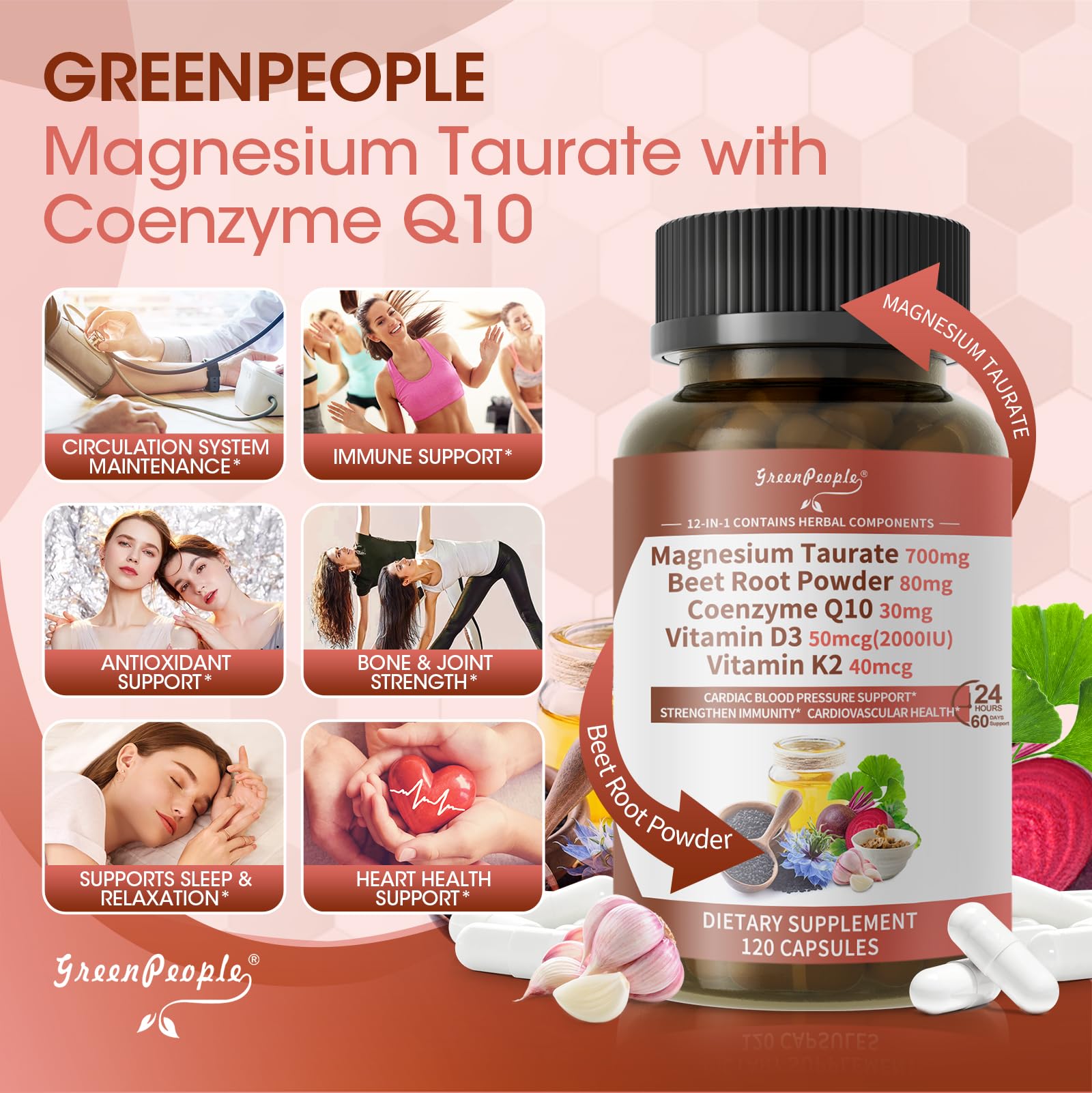 GREENPEOPLE Beet root extract capsule highlighting natural circulation support and arterial vitality.