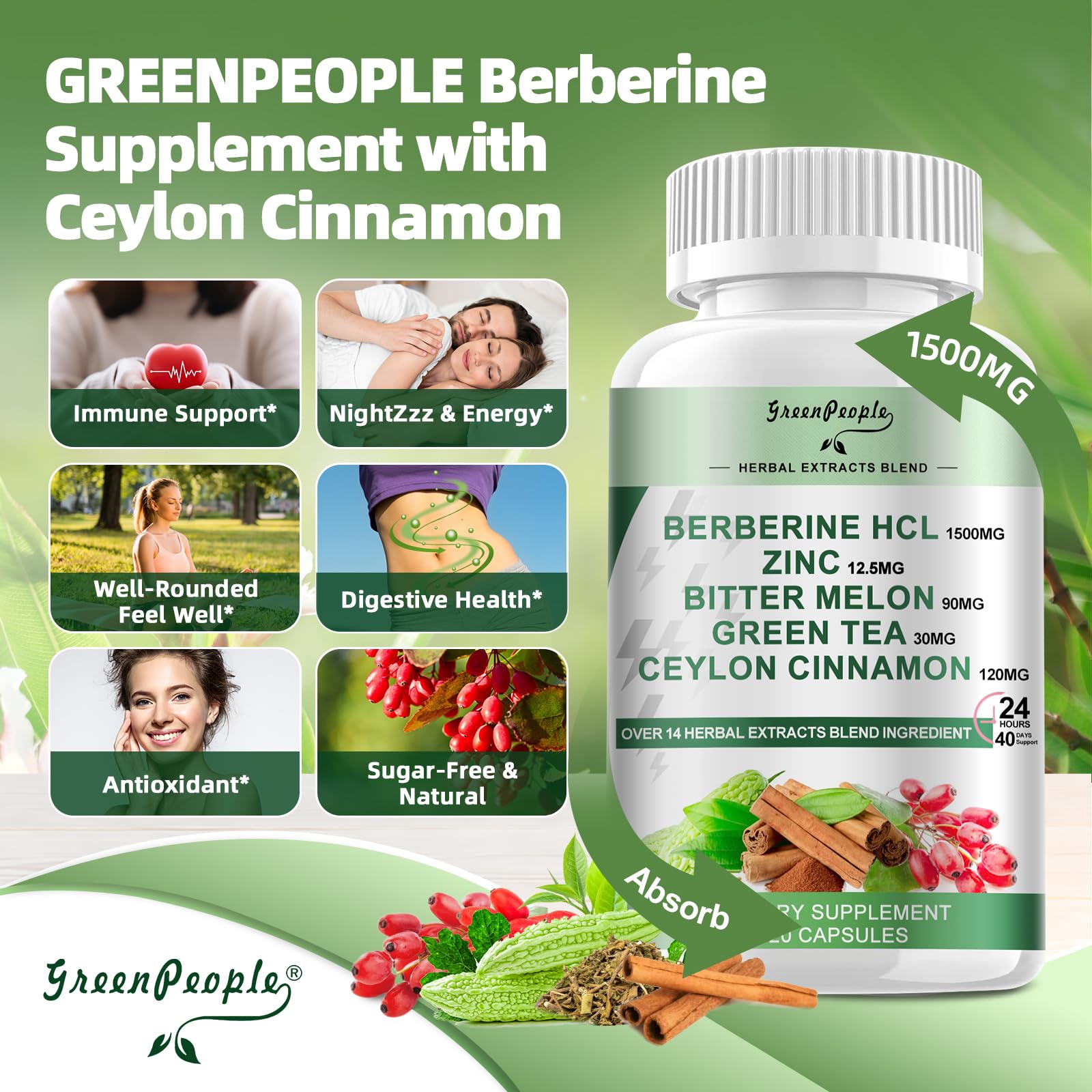 GREENPEOPLE berberine bottle with cinnamon illustration highlights digestive-friendly ingredients.
