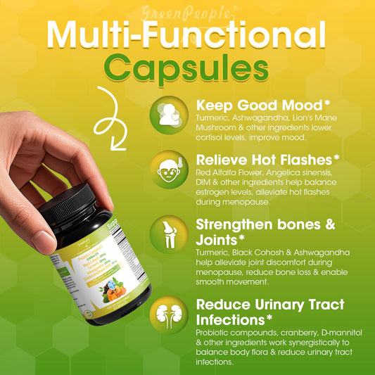 GREENPEOPLE black cohosh capsules targeting hot flashes and night sweats.
