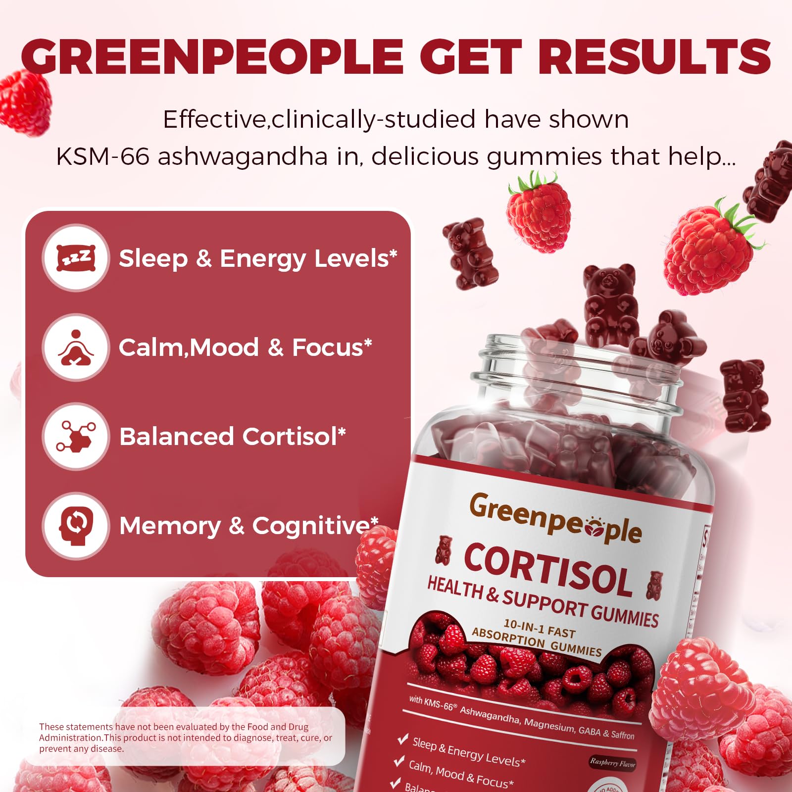 GREENPEOPLE Cortisol Gummies Raspberry gummy closeup with raspberry flavor