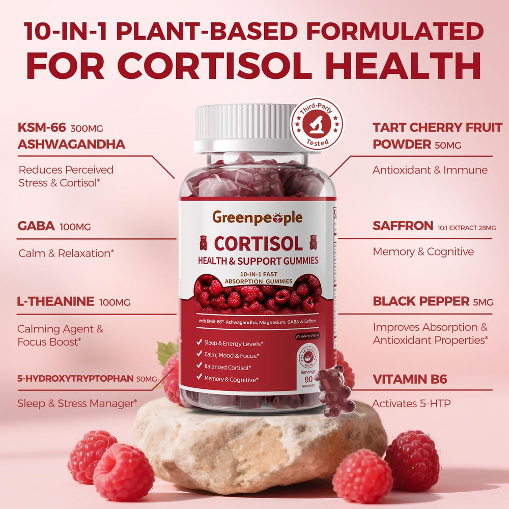 GREENPEOPLE Cortisol Gummies Raspberry label highlighting vegan formula