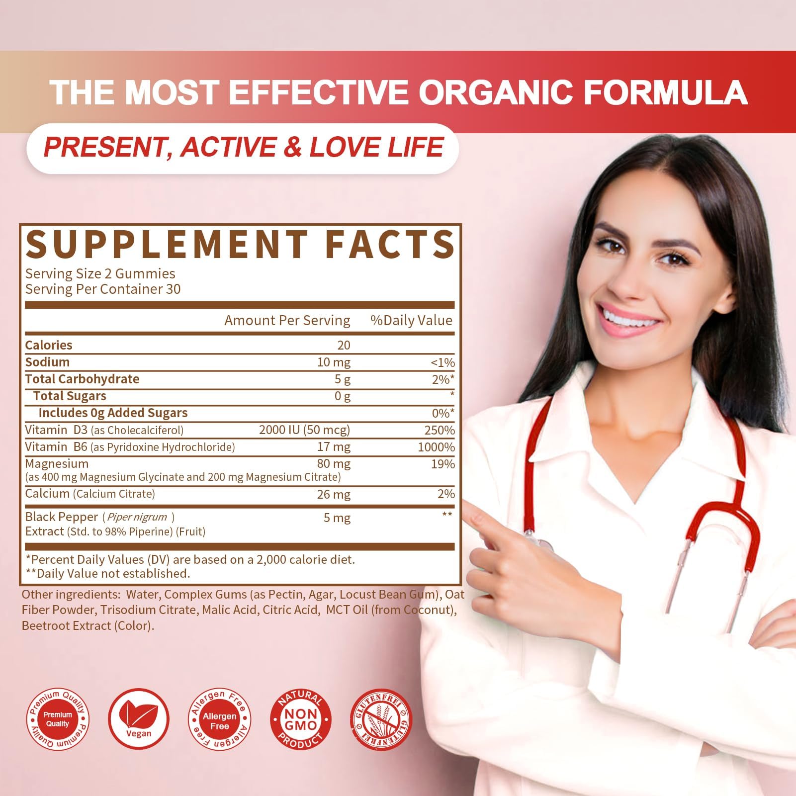 GREENPEOPLE ingredient panel highlights vitamin D, B6, calcium, and magnesium.