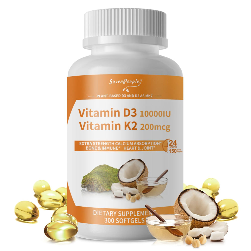 GREENPEOPLE K2 D3 bottle closeup, vegan bone health supplement