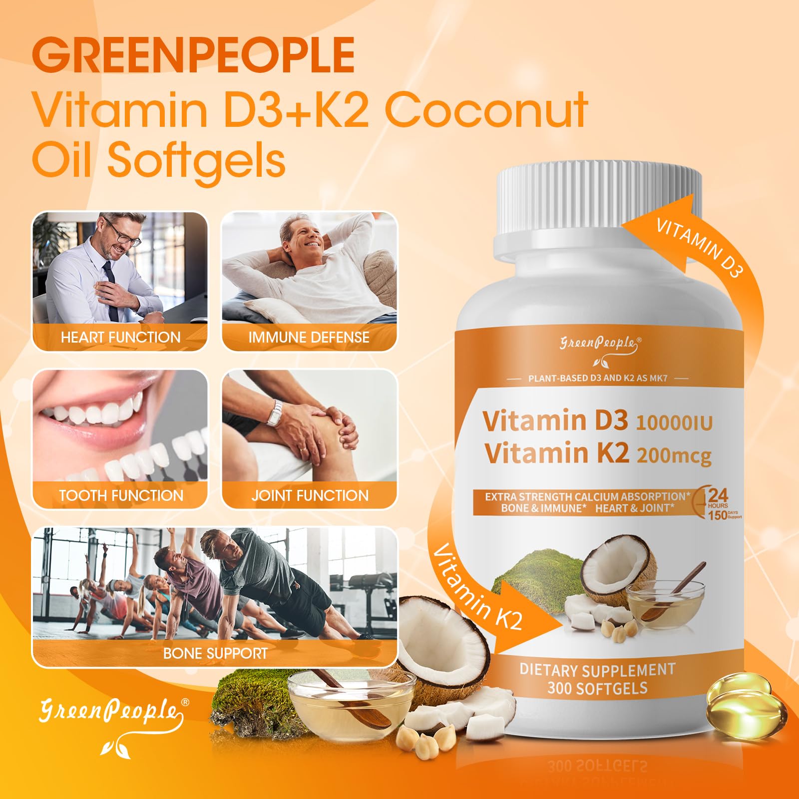 GREENPEOPLE K2 D3 capsule closeup shows easy-to-swallow vegan softgels
