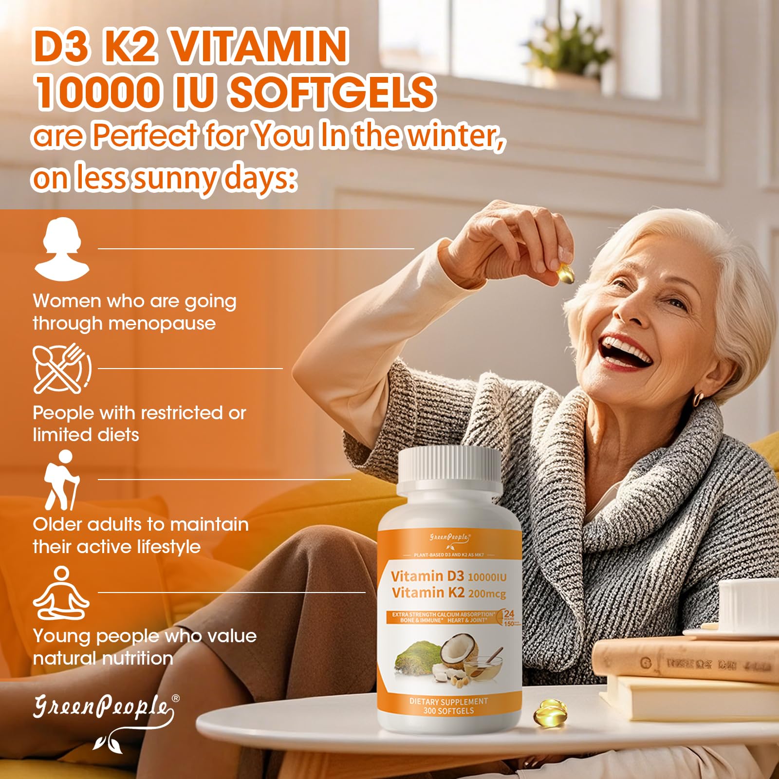 GREENPEOPLE K2 D3 label details show non-GMO and vegan attributes
