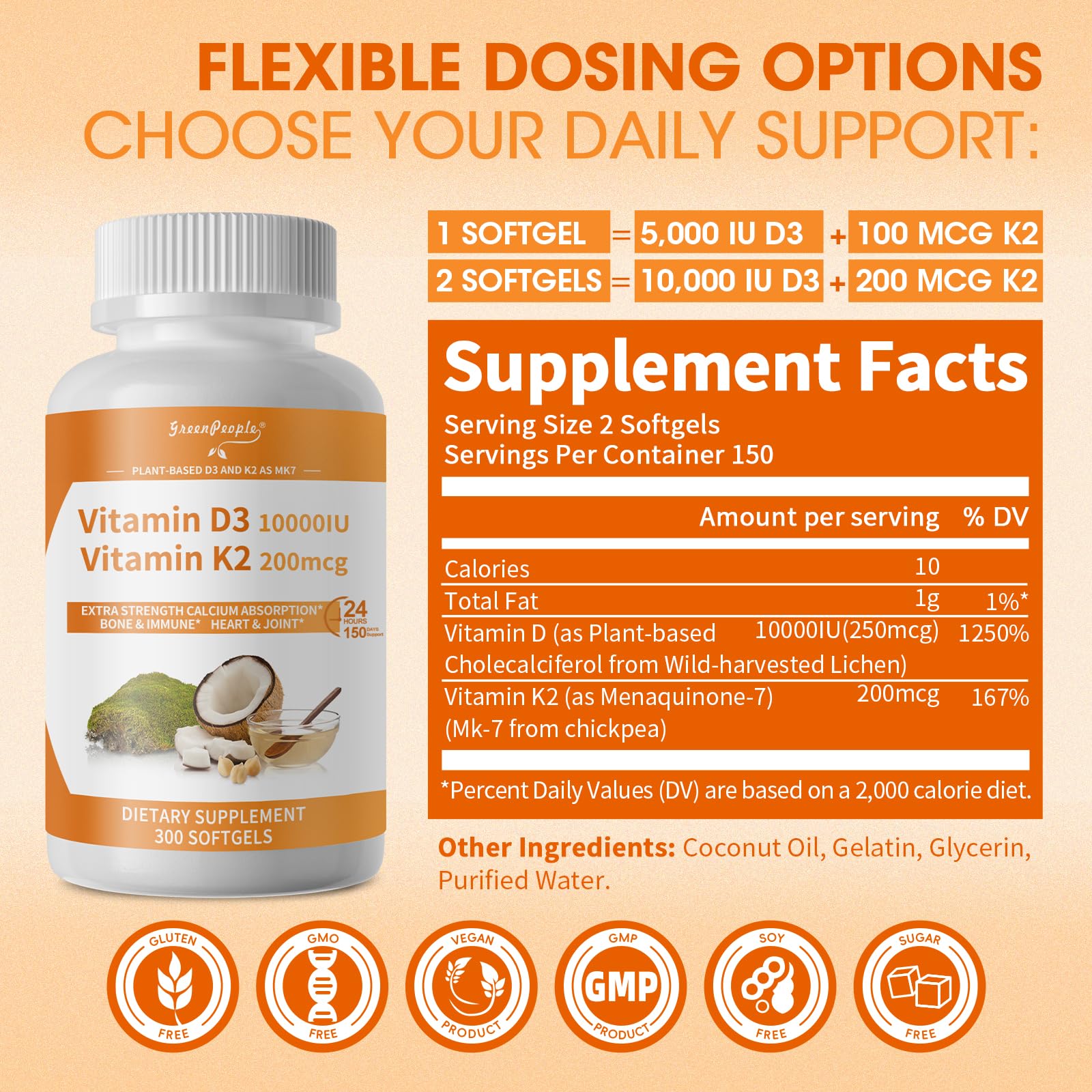 GREENPEOPLE K2 D3 softgels inside bottle for daily easy intake