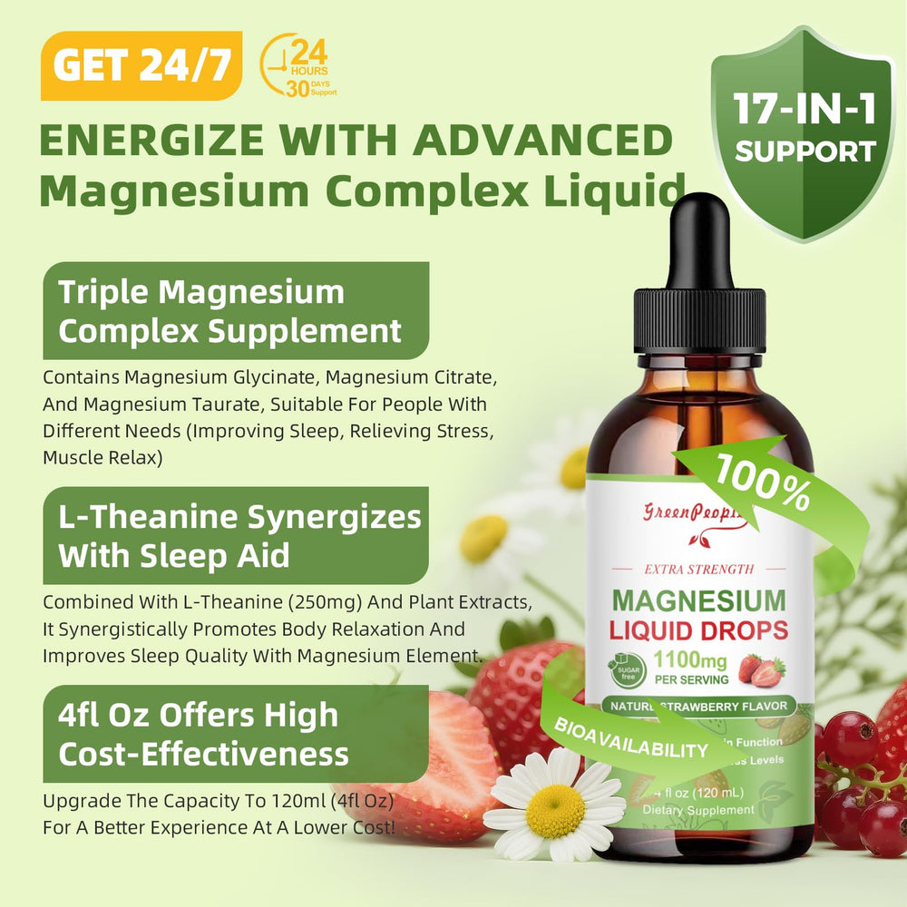 GreenPeople Magnesium Citrate Glycinate Drops highlighting fast absorption.