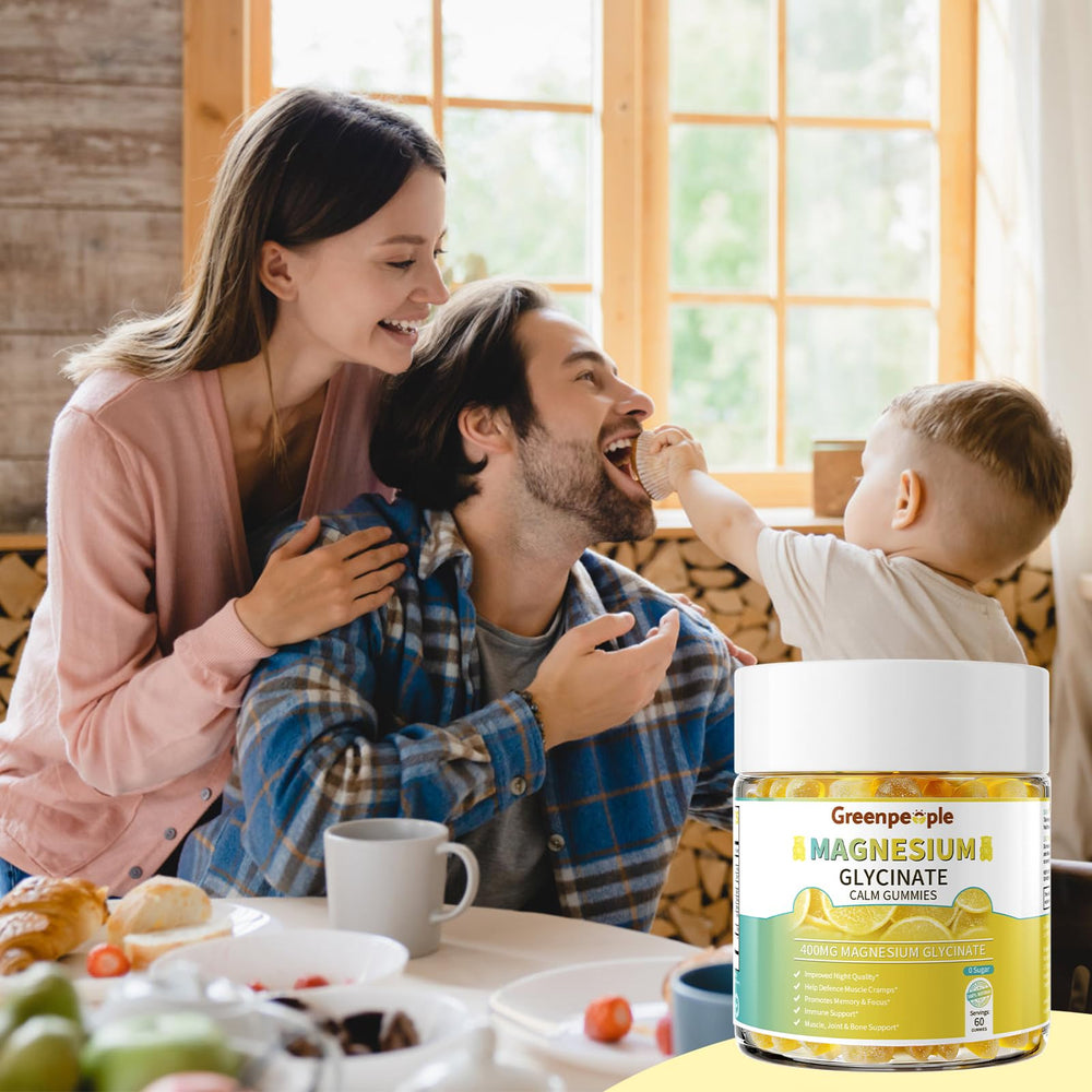 GREENPEOPLE Magnesium Glycinate Gummies bottle on kitchen counter invites a quick wellness moment
