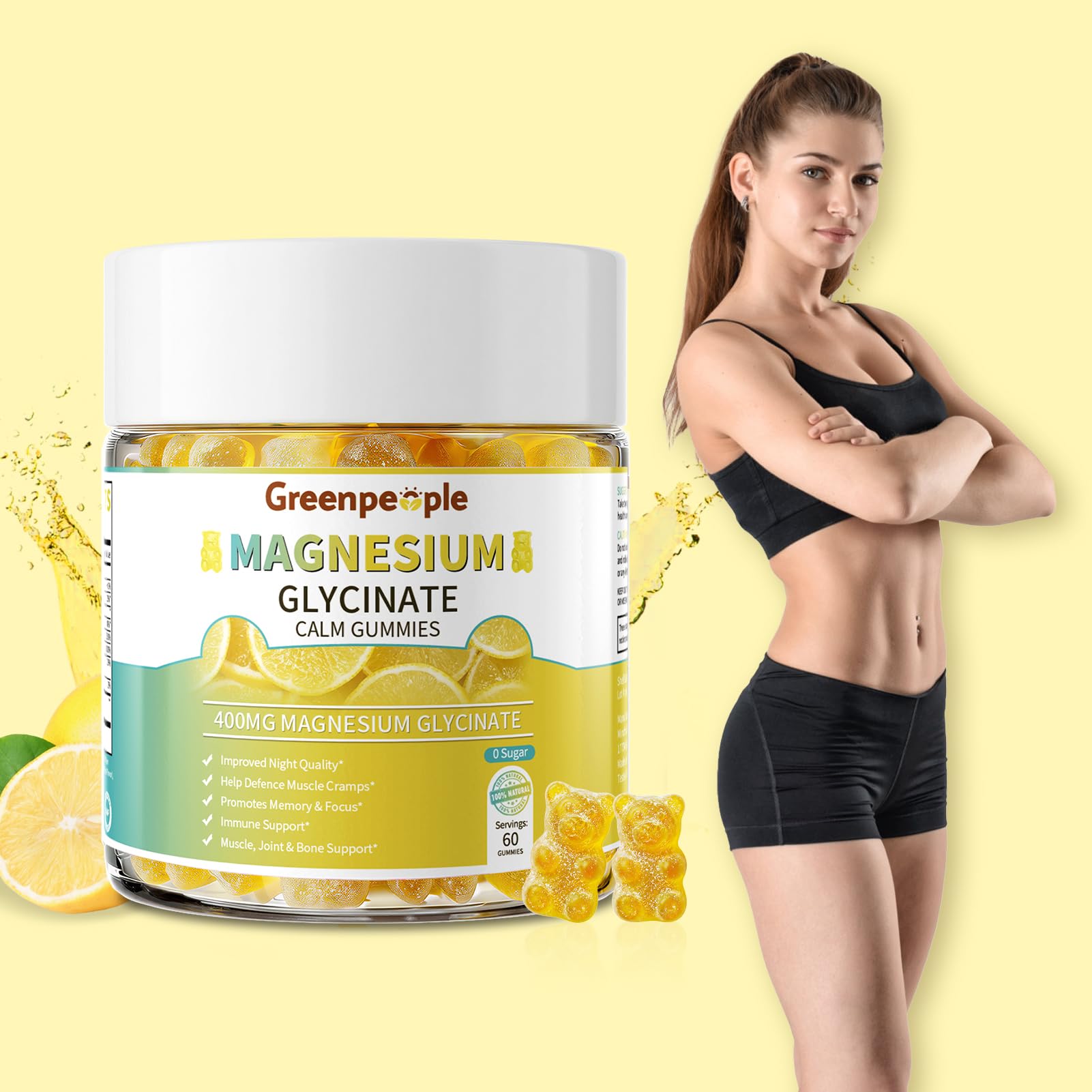 Two GreenPeople magnesium gummies bottles resting together for a family friendly supplement