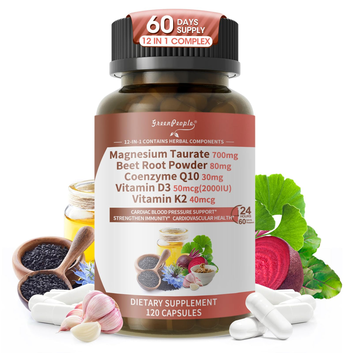 GREENPEOPLE Magnesium Taurate Capsules bottle for daily heart-support and balanced energy.