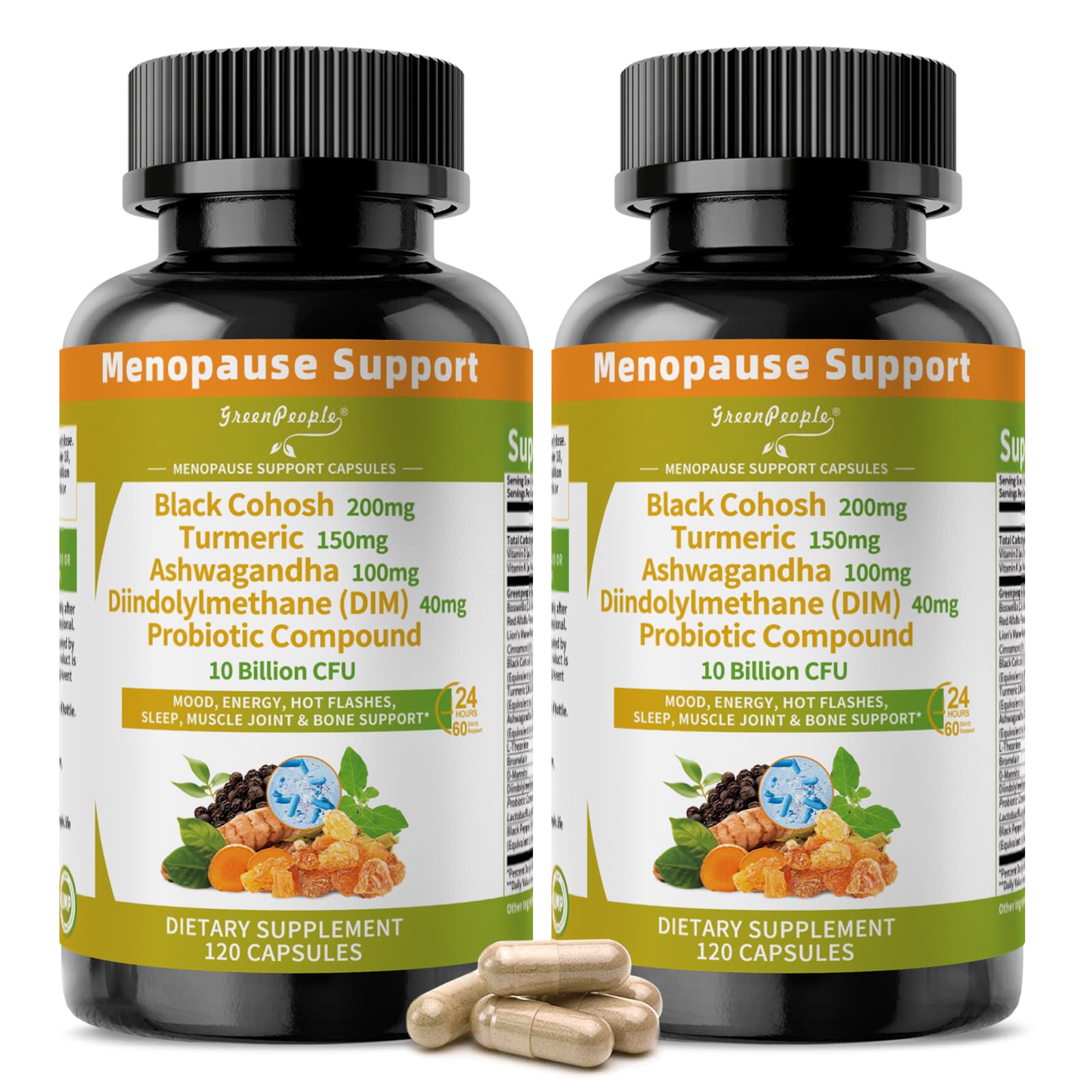 GREENPEOPLE menopause supplements bottle highlights vegan formula for hormonal balance.