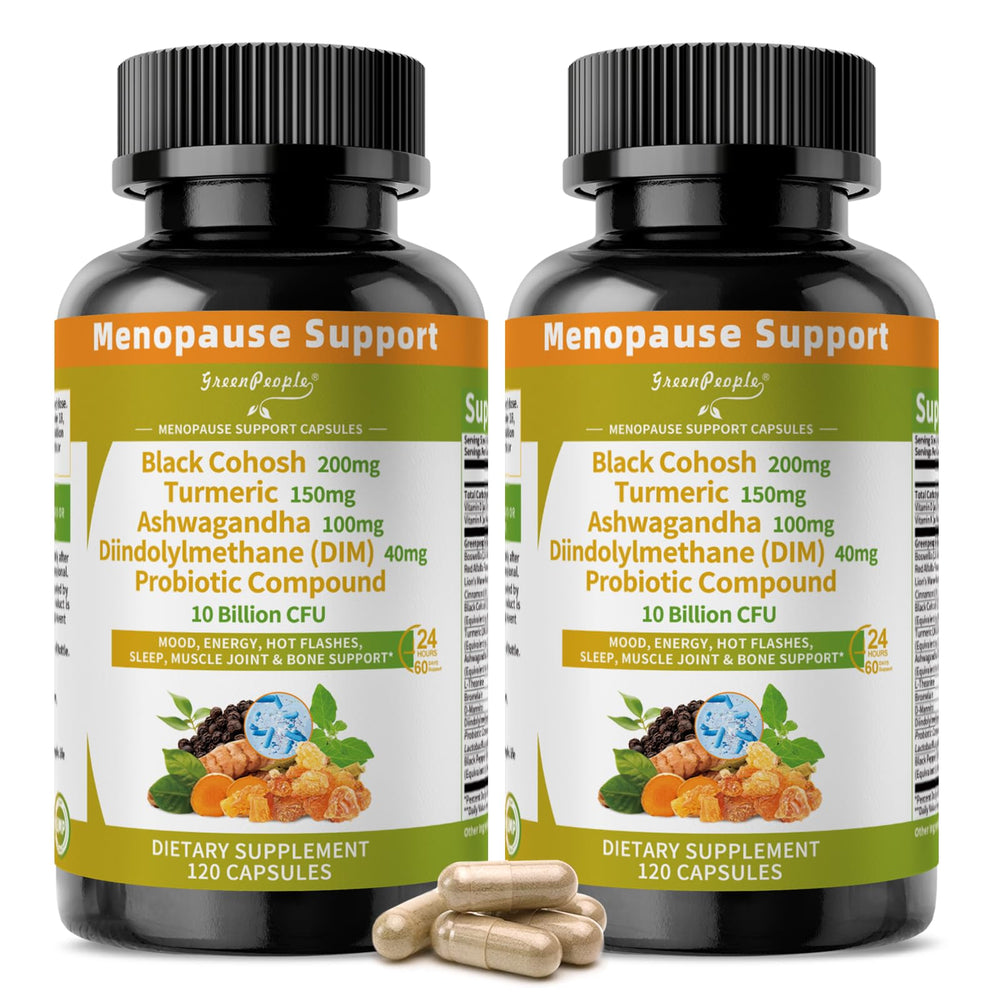 GREENPEOPLE menopause supplements bottle highlights vegan formula for hormonal balance.