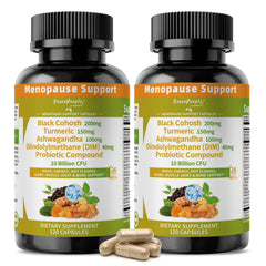 GREENPEOPLE menopause supplements bottle highlights vegan formula for hormonal balance.
