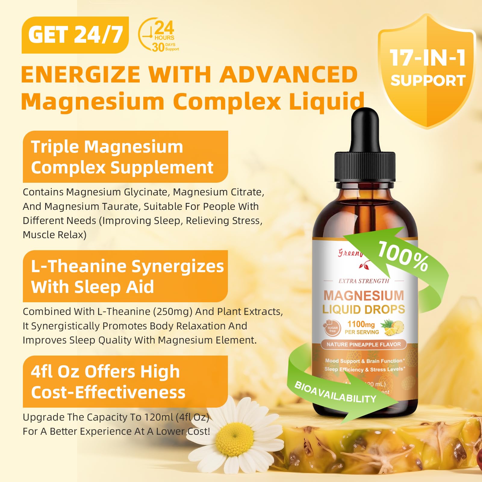 GreenPeople pineapple-flavored magnesium drops in a glass bottle.