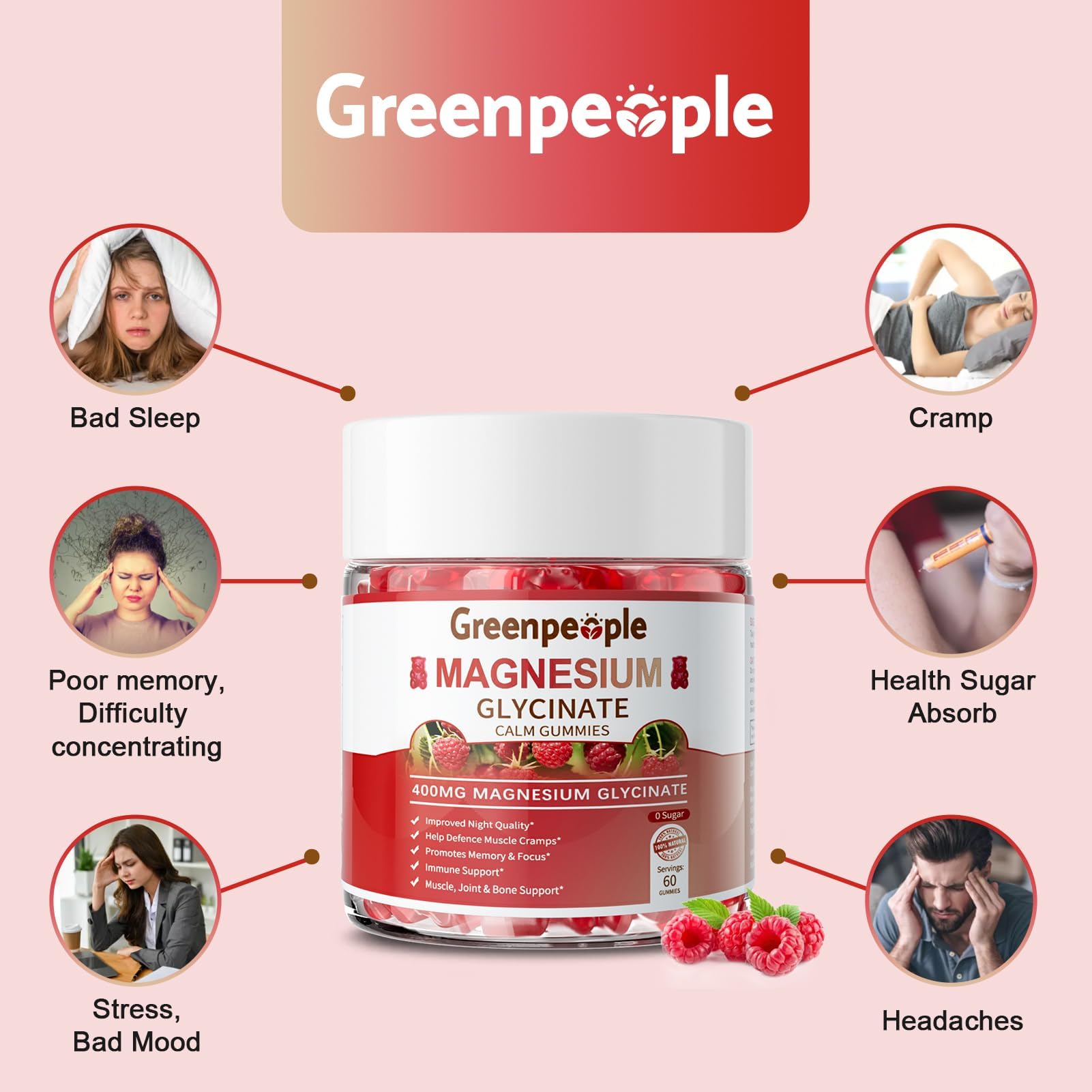 GREENPEOPLE raspberry gummies on wood plate offer tasty, sugar-free snacking.