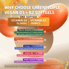 GREENPEOPLE Vitamin D3 K2 Softgel label closeup with 10,000 IU D3 and MK-7.
