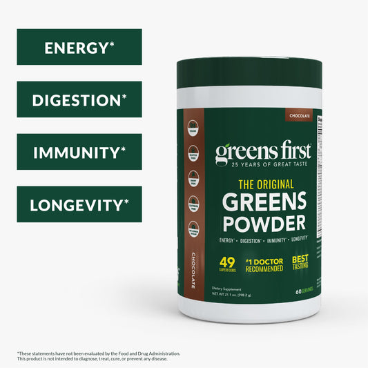 Greens First chocolate flavor scoop dissolves easily in water for a tasty smoothie.