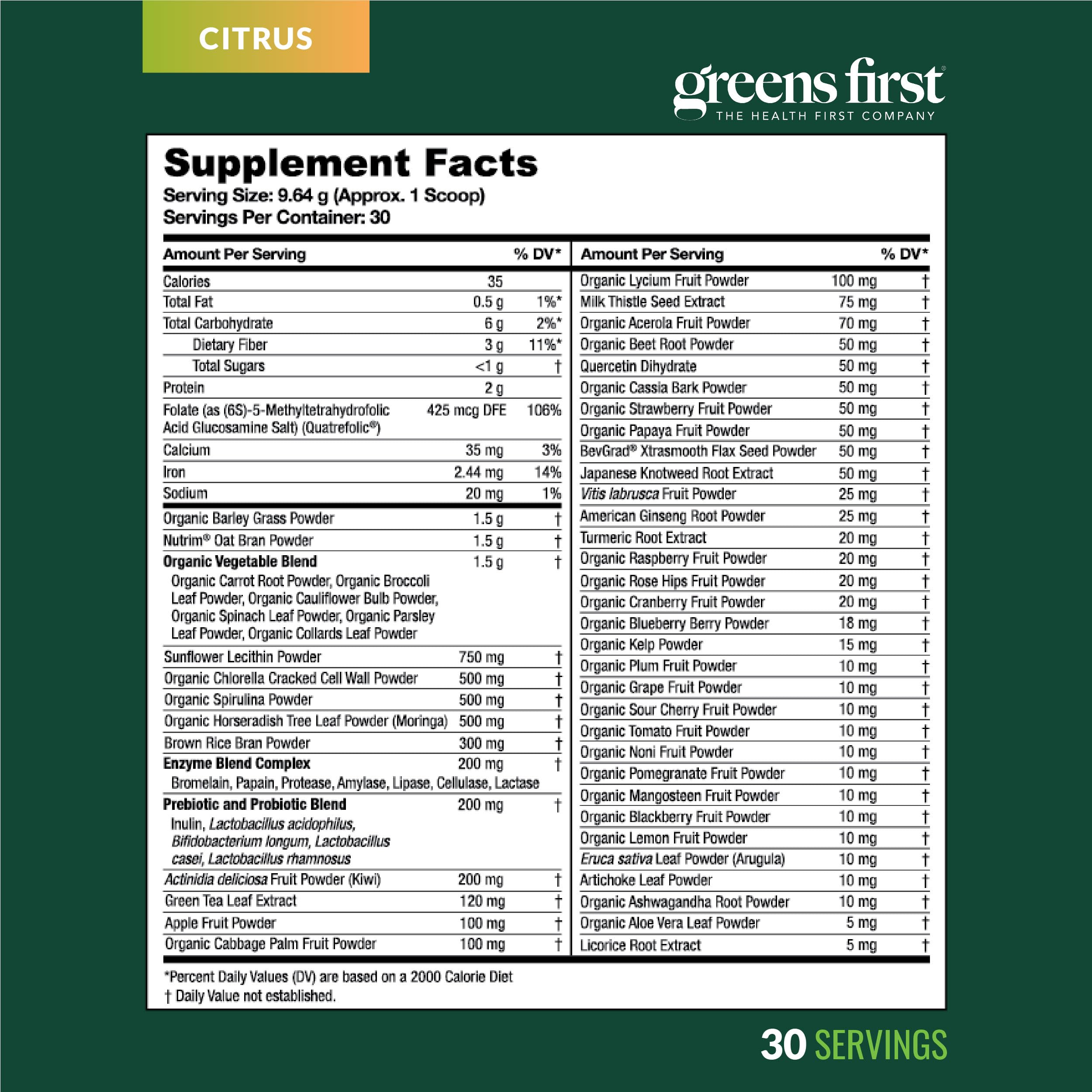 Greens First citrus flavor smoothie on a glass, refreshing antioxidant boost