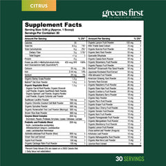 Greens First citrus flavor smoothie on a glass, refreshing antioxidant boost