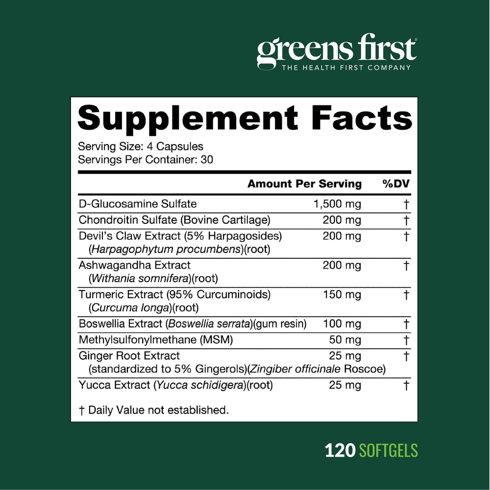 Greens First gluten-free dairy-free label with 120 softgels for daily use.