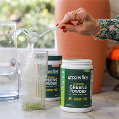 Greens First digestive blend icon with prebiotics, probiotics, enzymes for digestion.