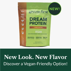 Greens First Dream Protein caramel cappuccino scoop in a cup