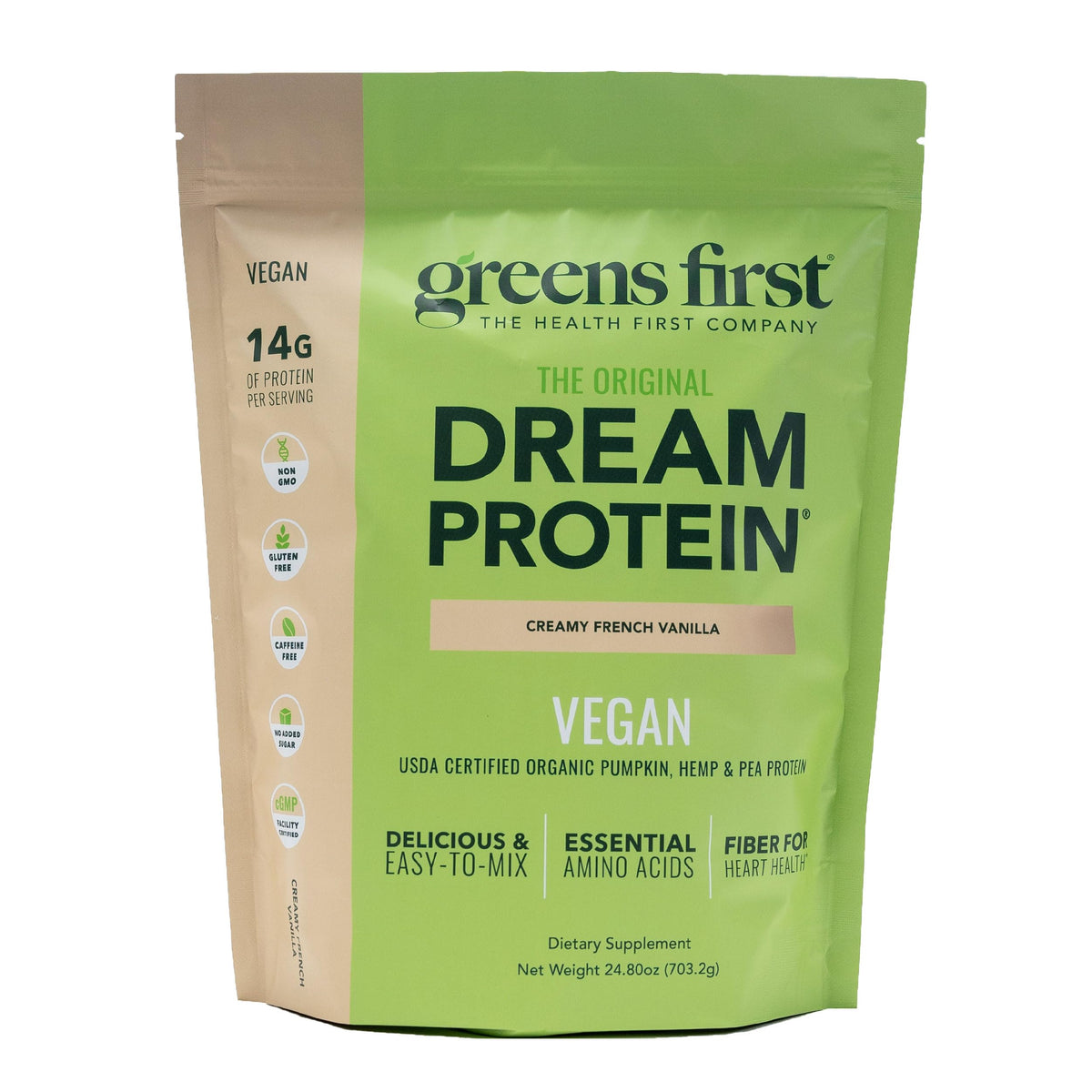 Greens First Dream Protein in creamy French vanilla tub for plant-based nutrition