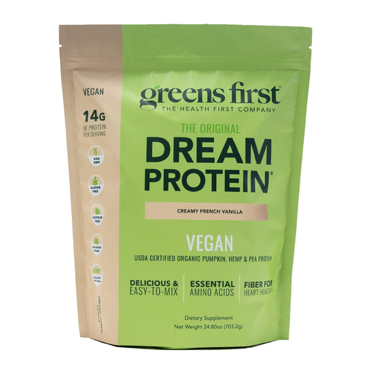 Greens First Dream Protein in creamy French vanilla tub for plant-based nutrition