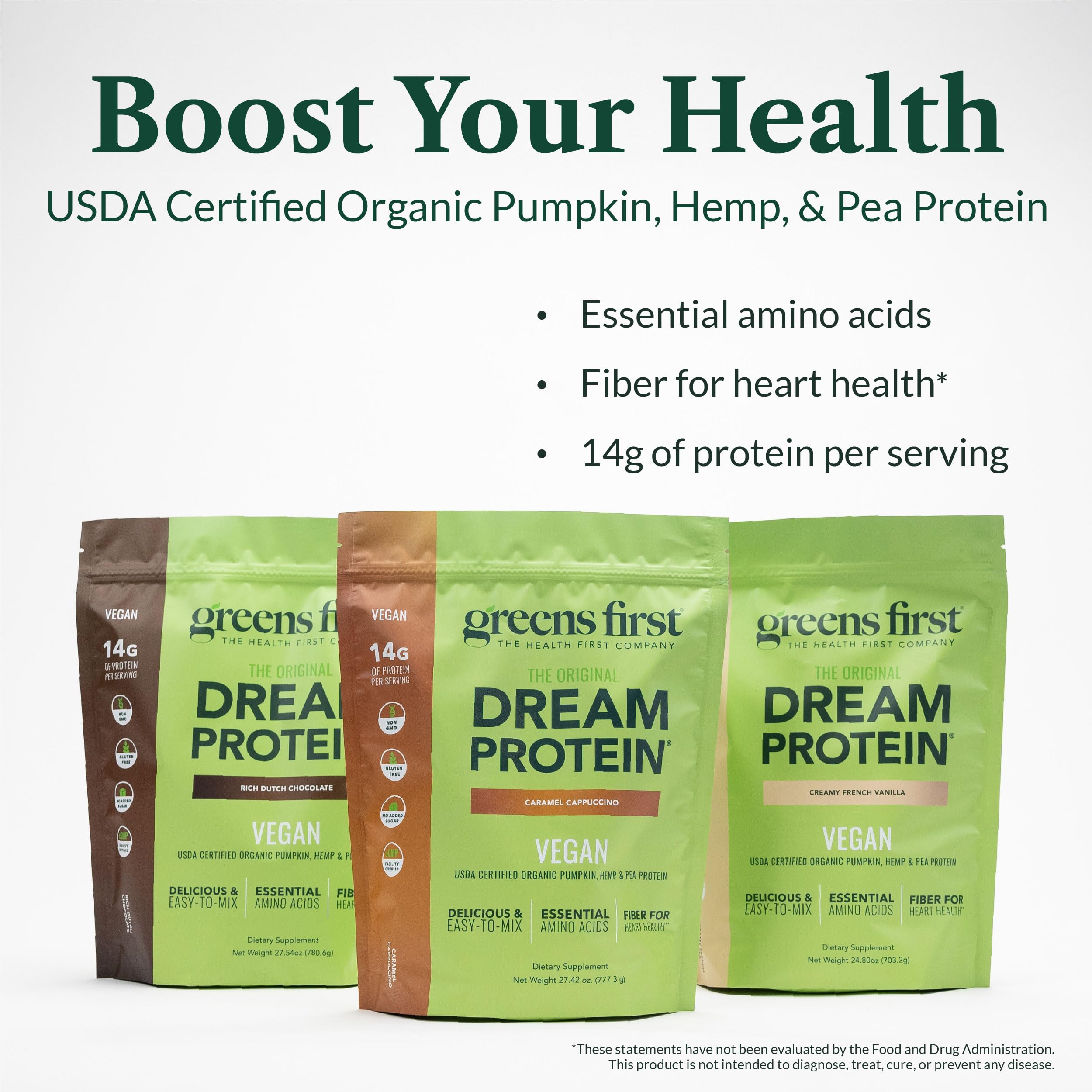 Greens First Dream Protein dry powder scoop shows easy measuring