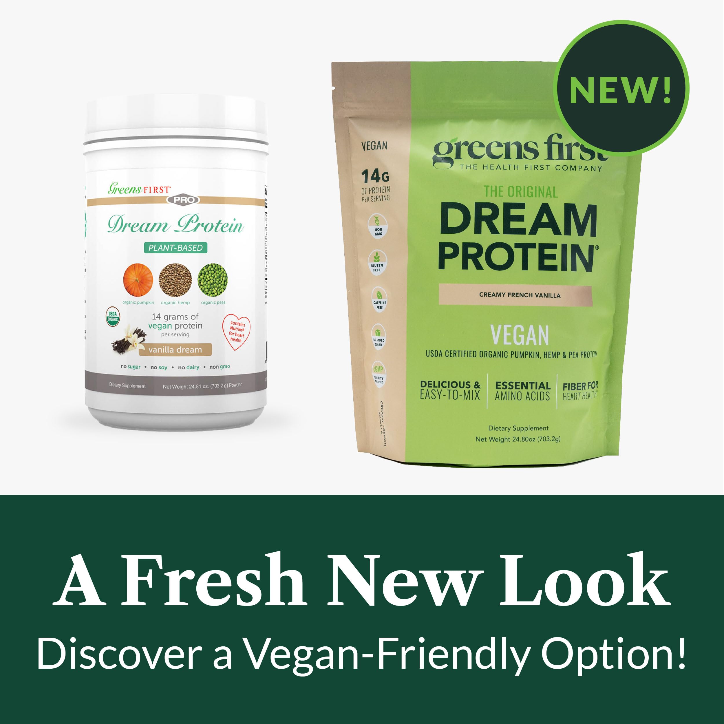 Greens First Dream Protein gluten-free and non-GMO label for mindful eaters