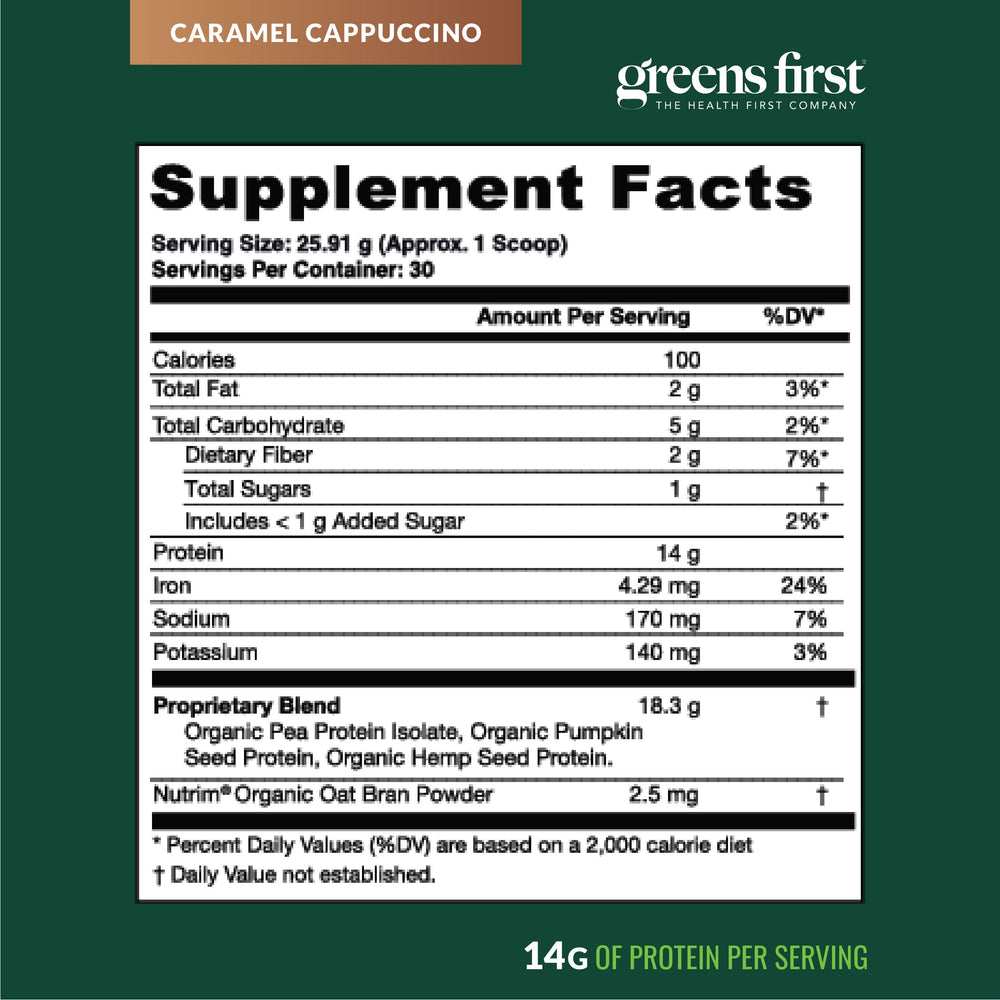 Greens First Dream Protein organic ingredients including pumpkin, pea, hemp