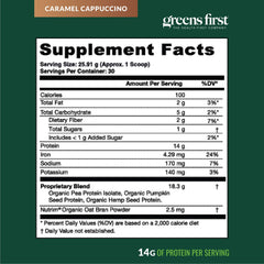Greens First Dream Protein organic ingredients including pumpkin, pea, hemp