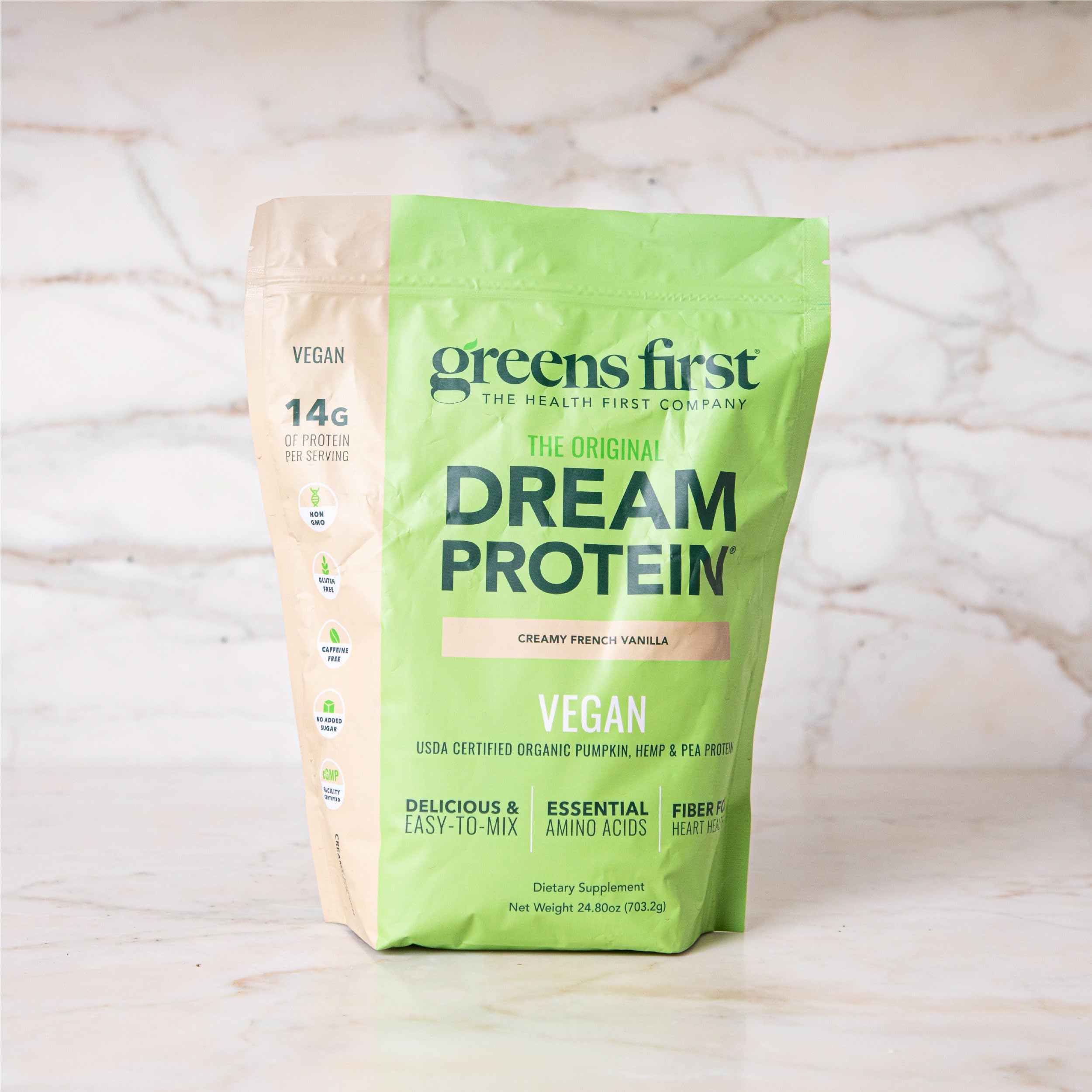Greens First Dream Protein organic pumpkin-pea-hemp powder highlights clean plant protein