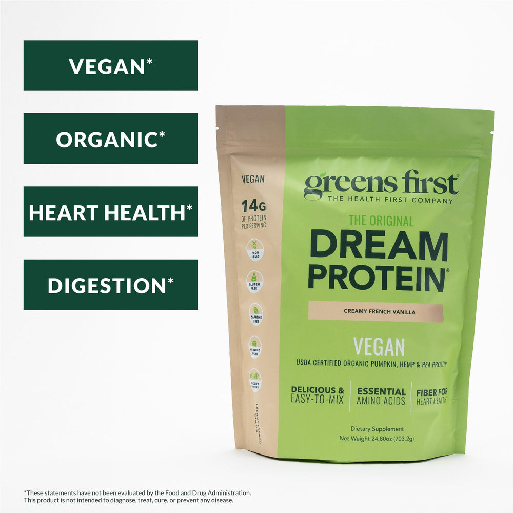 Greens First Dream Protein poured with milk glass for quick, smooth shakes