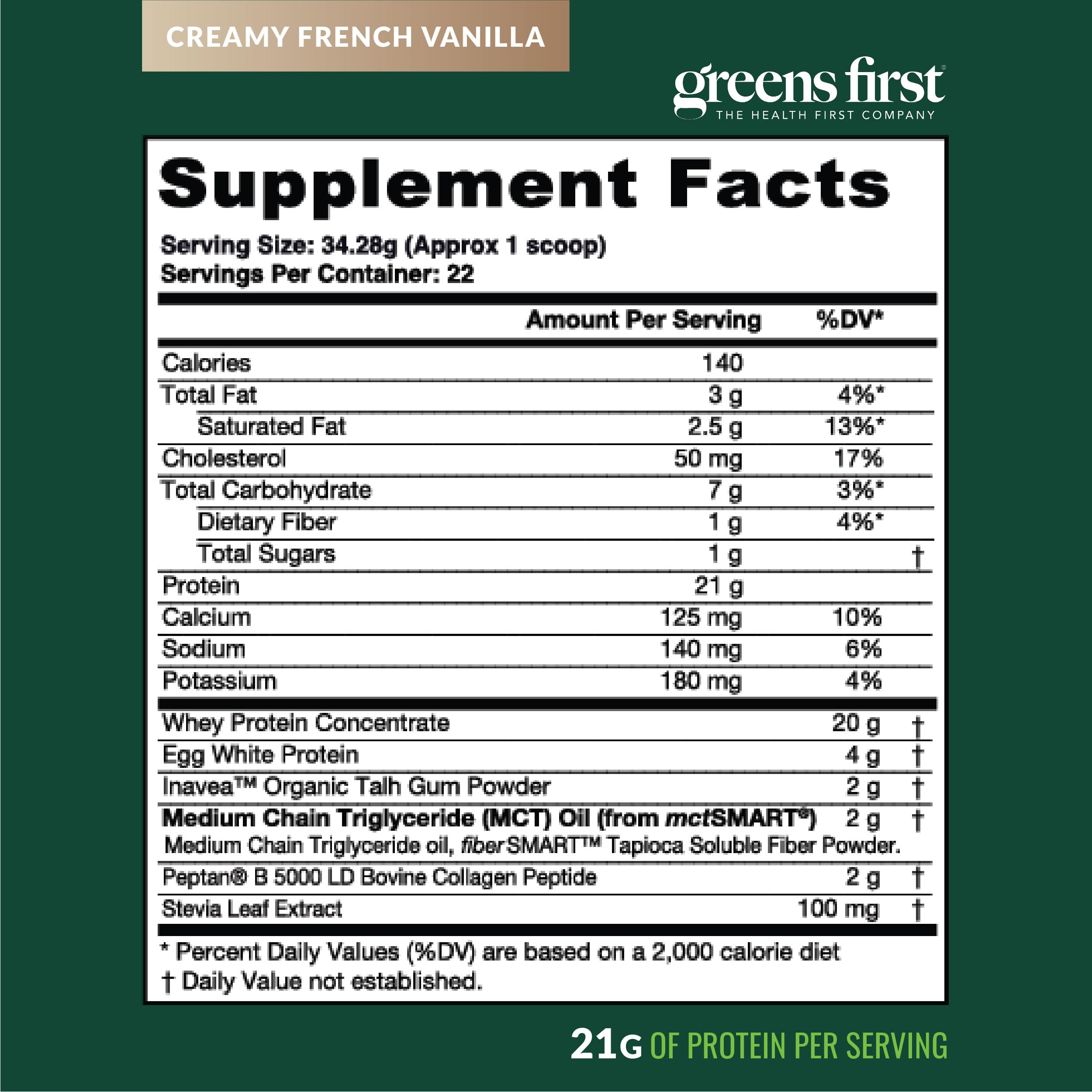 Greens First Dream Protein Powder box label emphasizes prebiotic fiber and gluten-free formula.
