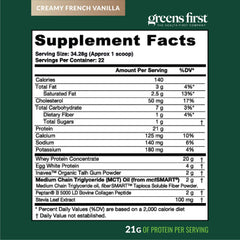 Greens First Dream Protein Powder box label emphasizes prebiotic fiber and gluten-free formula.