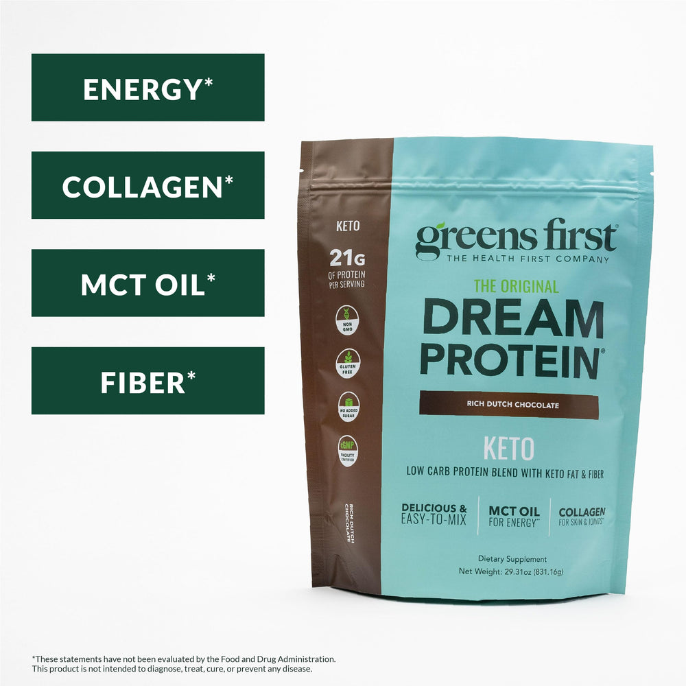 Greens First Dream Protein Powder Keto pour shows quick-mix for on-the-go nutrition