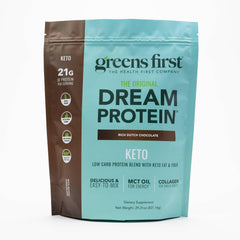 Greens First Dream Protein Powder Keto in Rich Dutch Chocolate tub for 21g protein