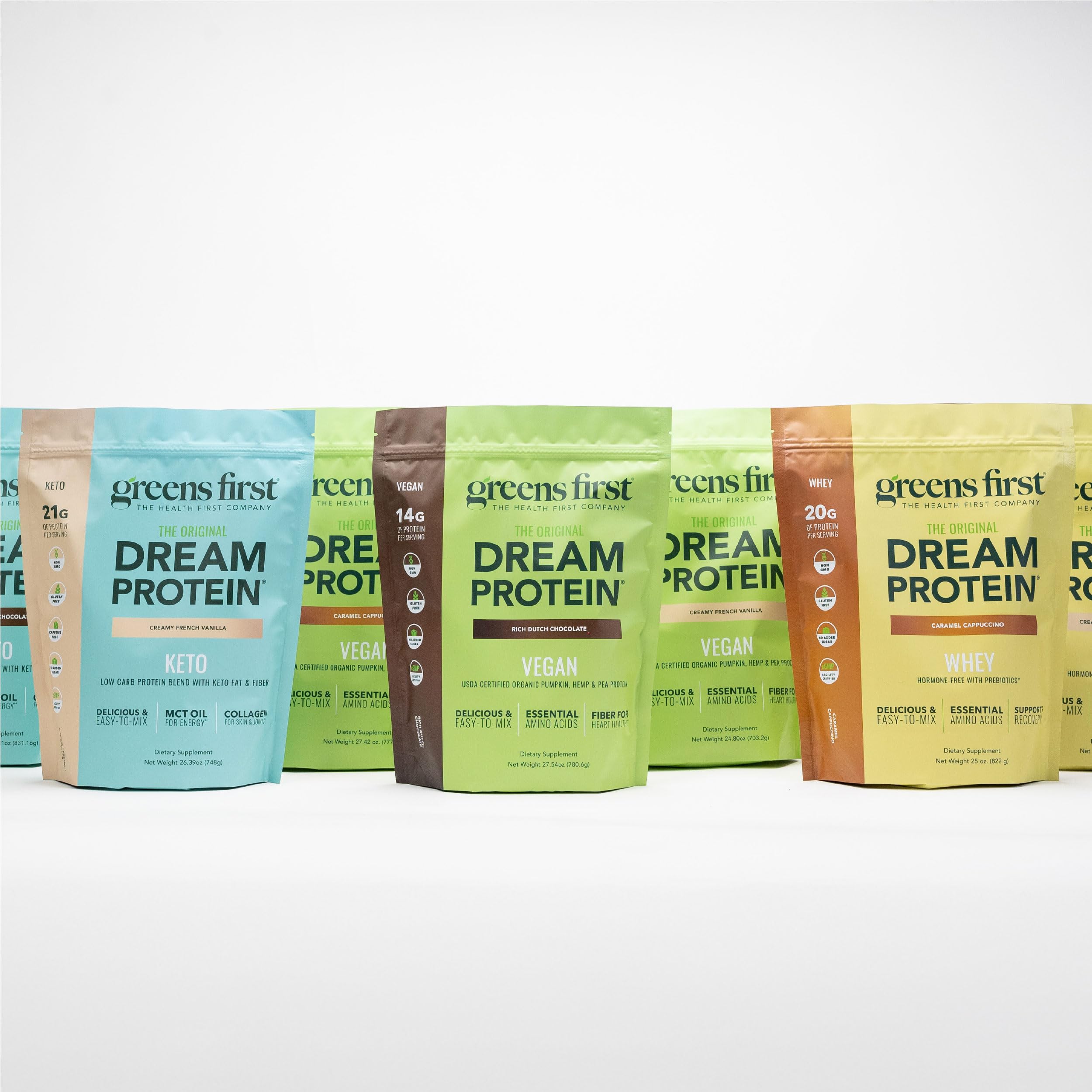 Greens First Dream Protein Powder pour with MCT oil hints at fast-acting energy.
