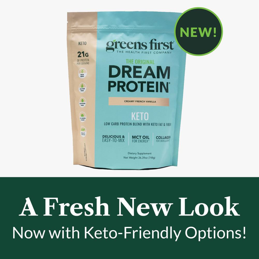 Greens First Dream Protein Powder scoop with creamy vanilla demonstrates easy mixing.