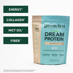 Greens First Dream Protein Powder tub back lists ingredients and keto-friendly features.