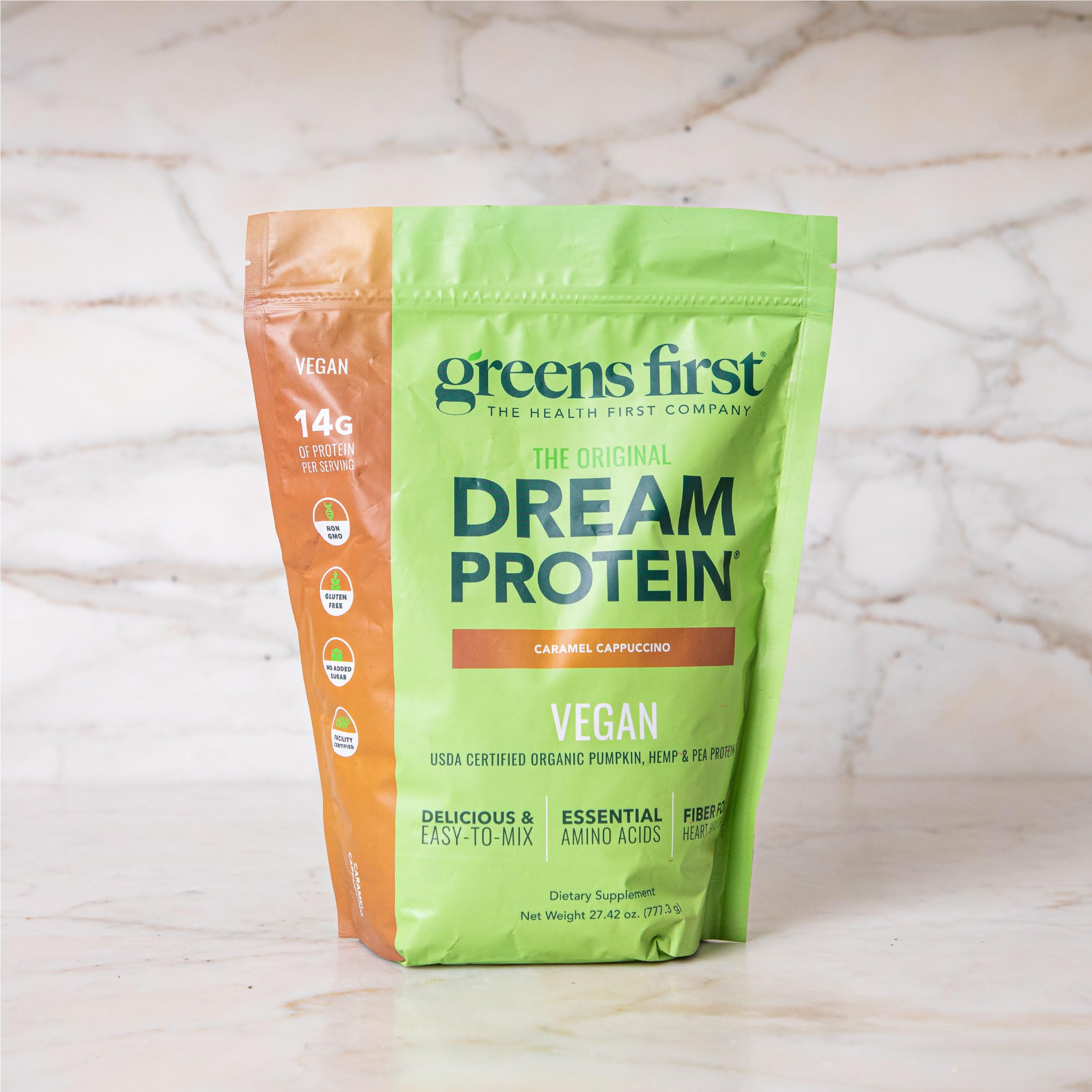 Greens First Dream Protein pumpkin-plant blend fiber chart in view