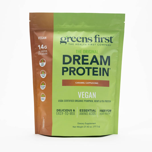 Greens First Dream Protein pumpkin scoop close-up for active lifestyles